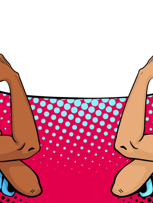 We Can Do It poster. Pop art sexy strong african and white girls with speech bubble. American symbol of female power, woman rights, protest, feminism. Vector bright background in retro comic style.