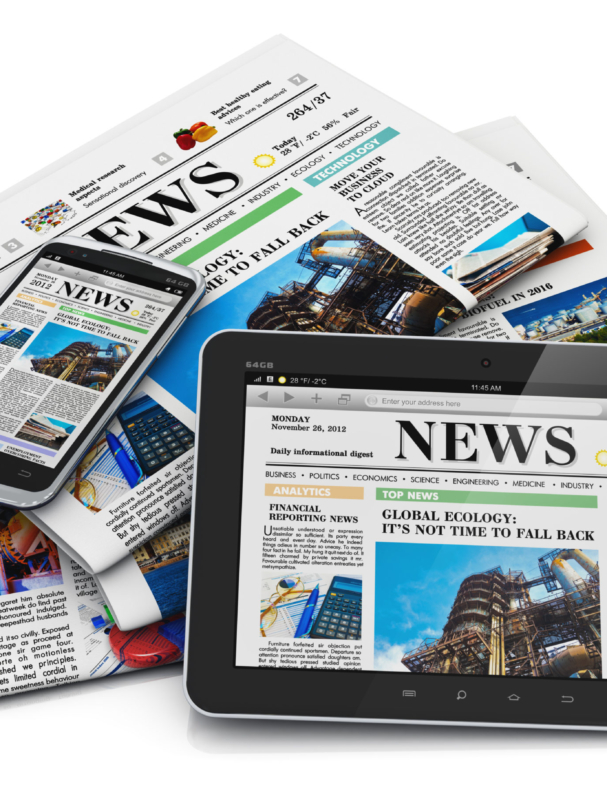 Electronic internet web and paper media concept: tablet PC computer, modern black glossy touchscreen smartphone and heap of businees office newspapers with financial news isolated on white background with reflection effect